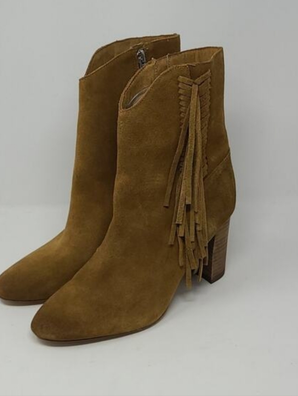 Charles By Charles David Tan Suede Fringe Ankle Boots Size 7 * 3.5 Inches Heel